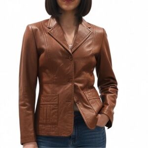 Metrostyle Vintage Tan Leather Patch Pockets Jacket